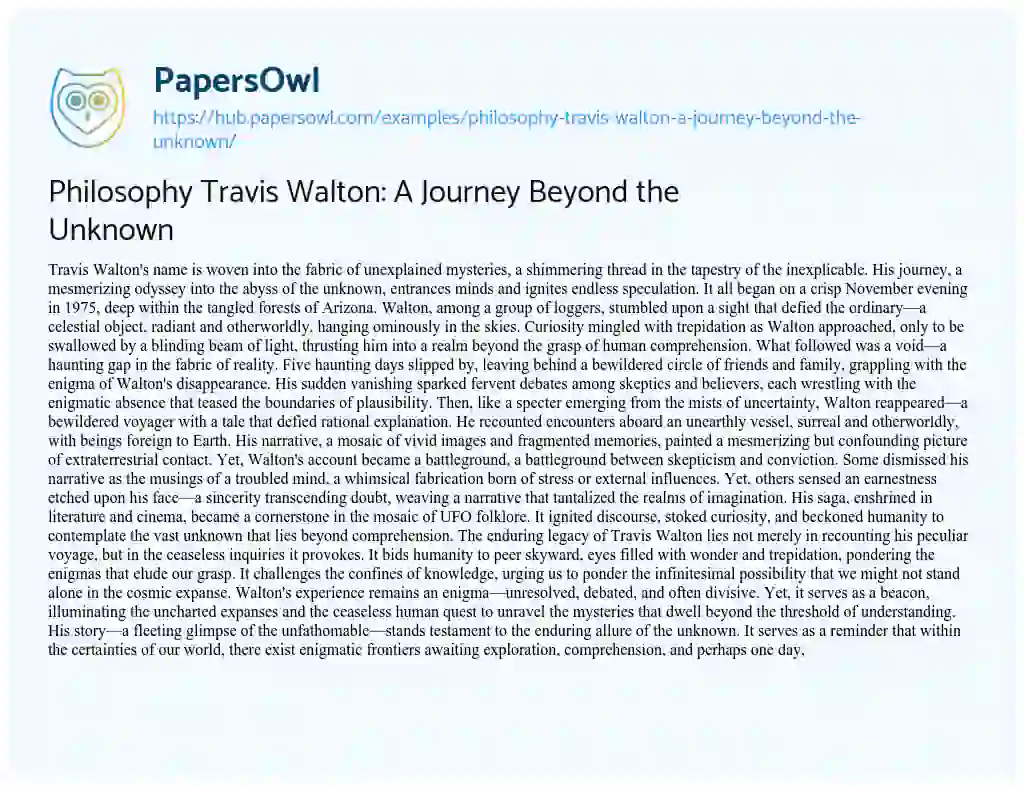 Essay on Philosophy Travis Walton: A Journey Beyond the Unknown