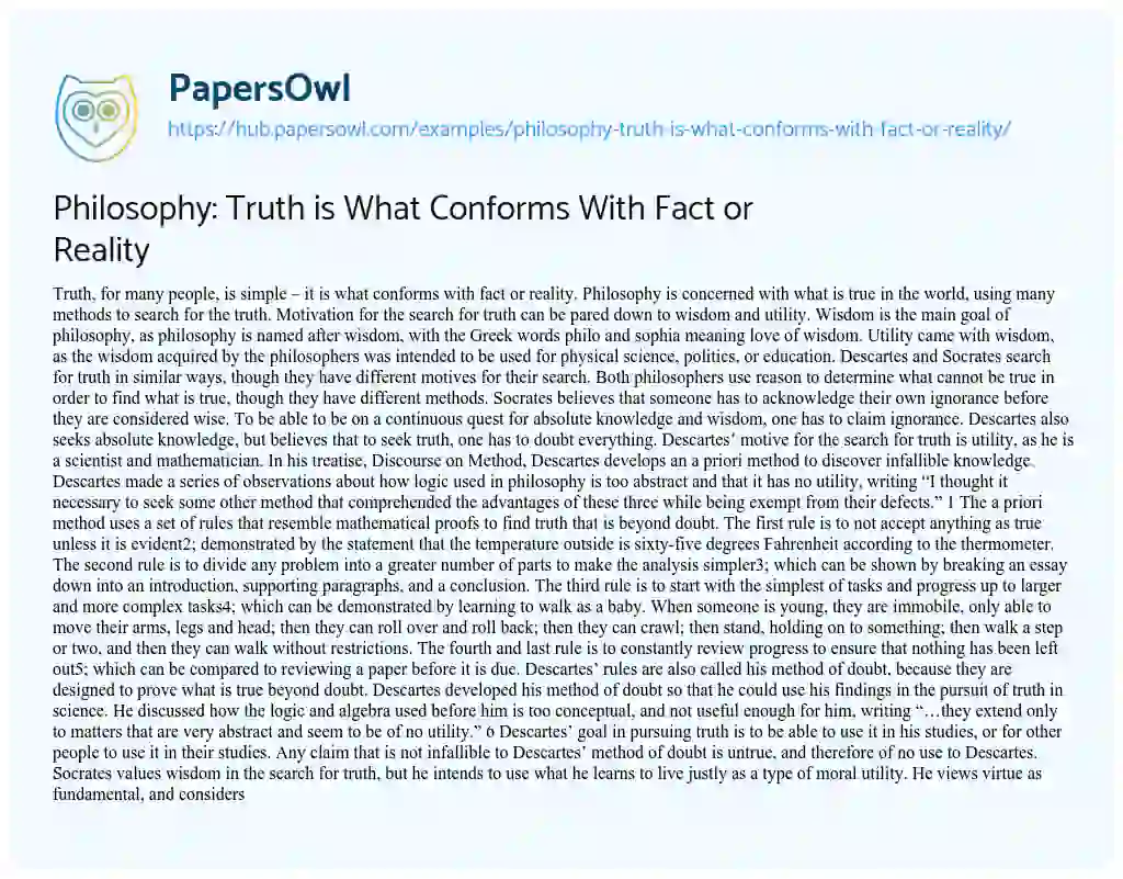Essay on Philosophy: Truth is What Conforms With Fact or Reality