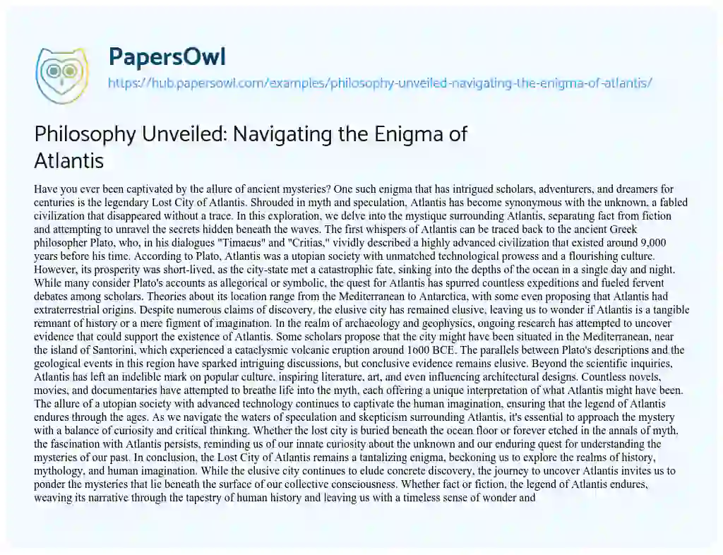 Essay on Philosophy Unveiled: Navigating the Enigma of Atlantis