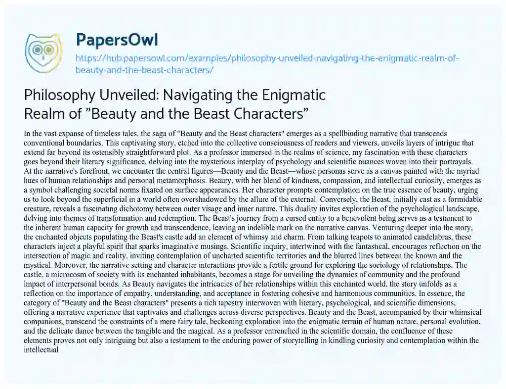 Essay on Philosophy Unveiled: Navigating the Enigmatic Realm of “Beauty and the Beast Characters”