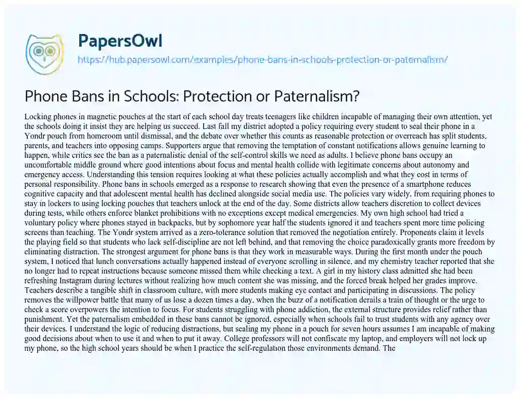 Essay on Phone Bans in Schools: Protection or Paternalism?