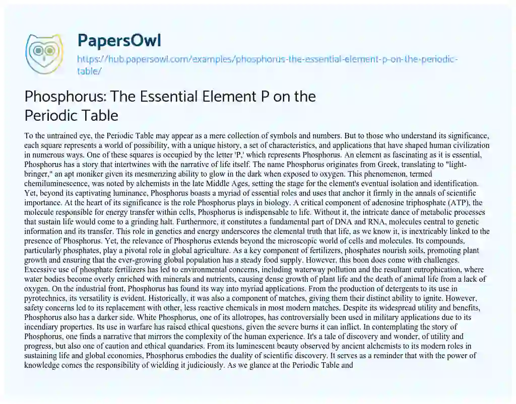 Essay on Phosphorus: The Essential Element P on the Periodic Table