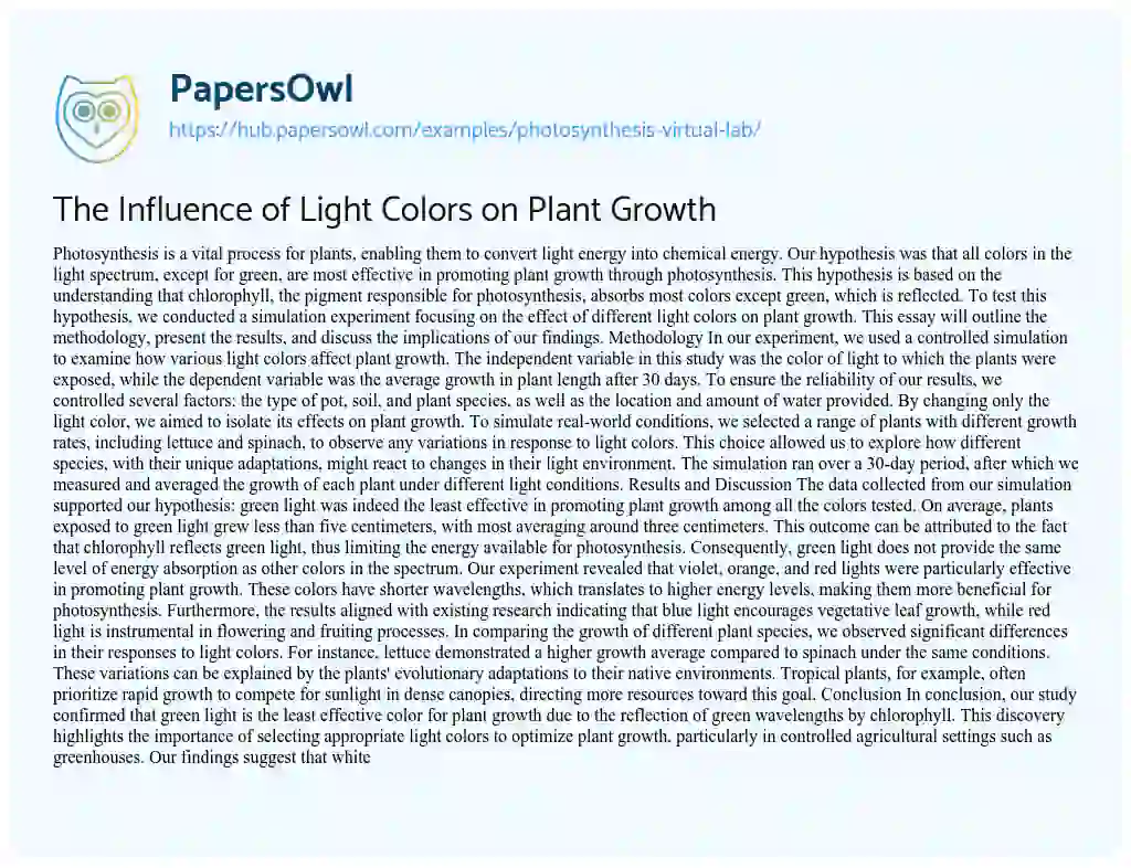Essay on The Influence of Light Colors on Plant Growth