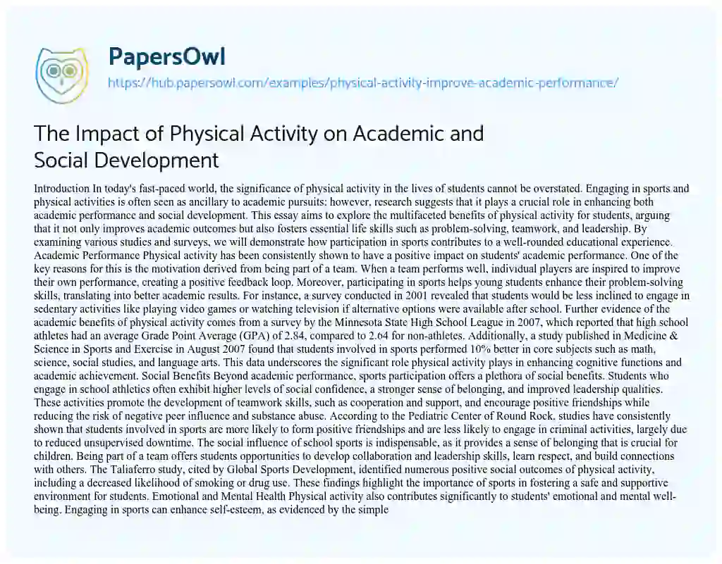 Essay on The Impact of Physical Activity on Academic and Social Development