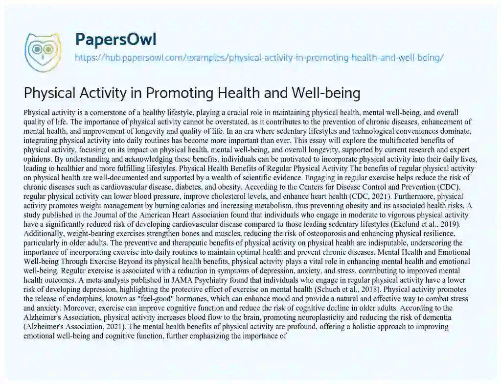 Essay on Physical Activity in Promoting Health and Well-being