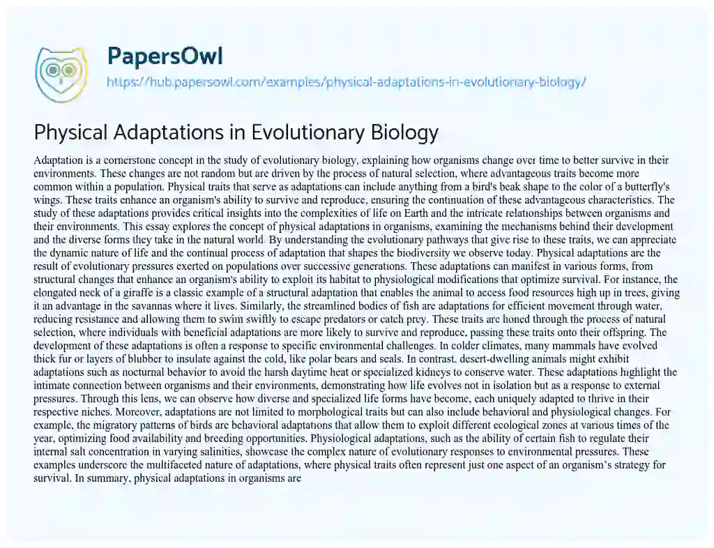 Essay on Physical Adaptations in Evolutionary Biology