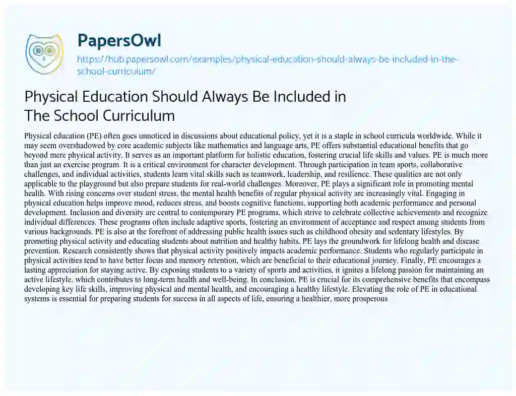 Essay on Physical Education Should Always Be Included in The School Curriculum