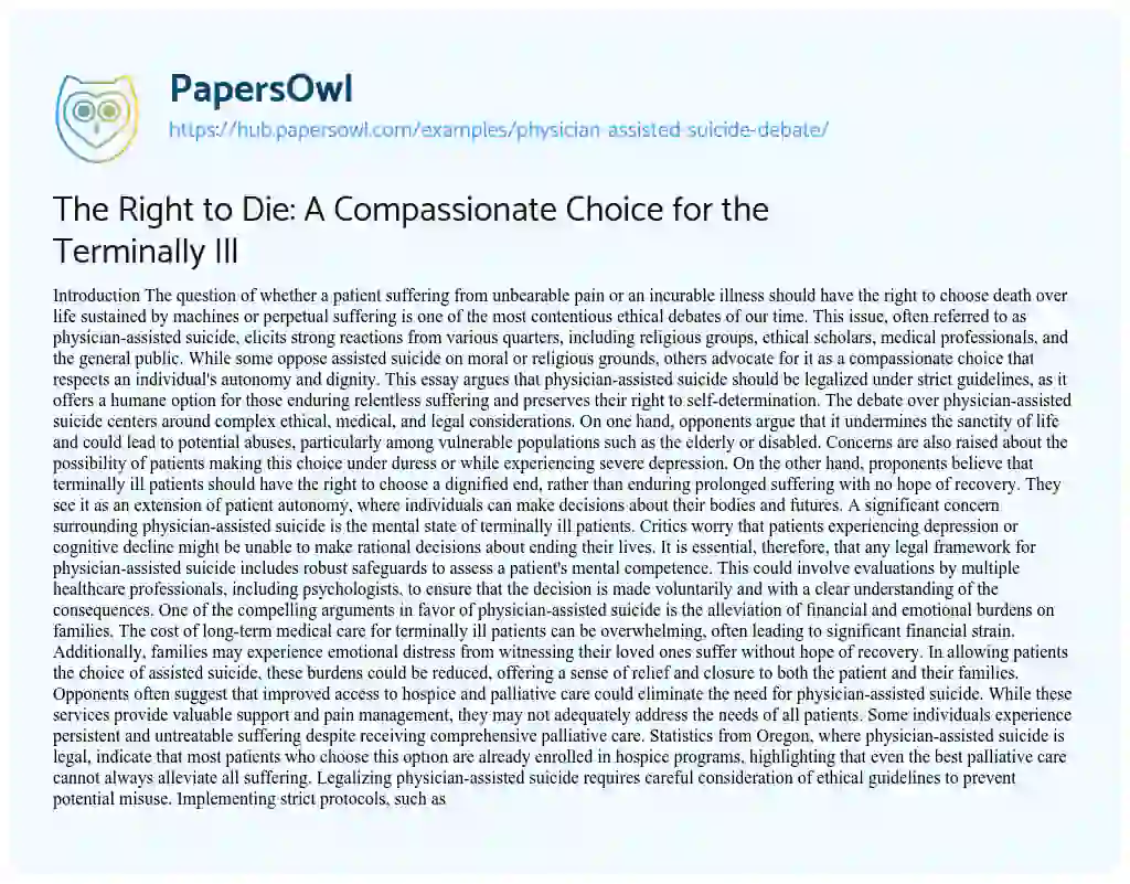 Essay on The Right to Die: A Compassionate Choice for the Terminally Ill