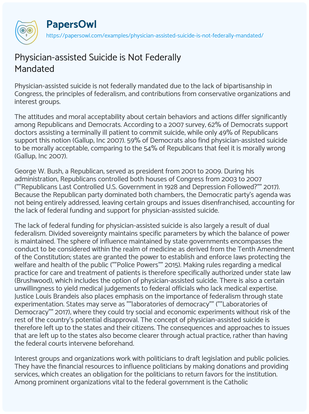 Essay on Physician-assisted Suicide is Not Federally Mandated