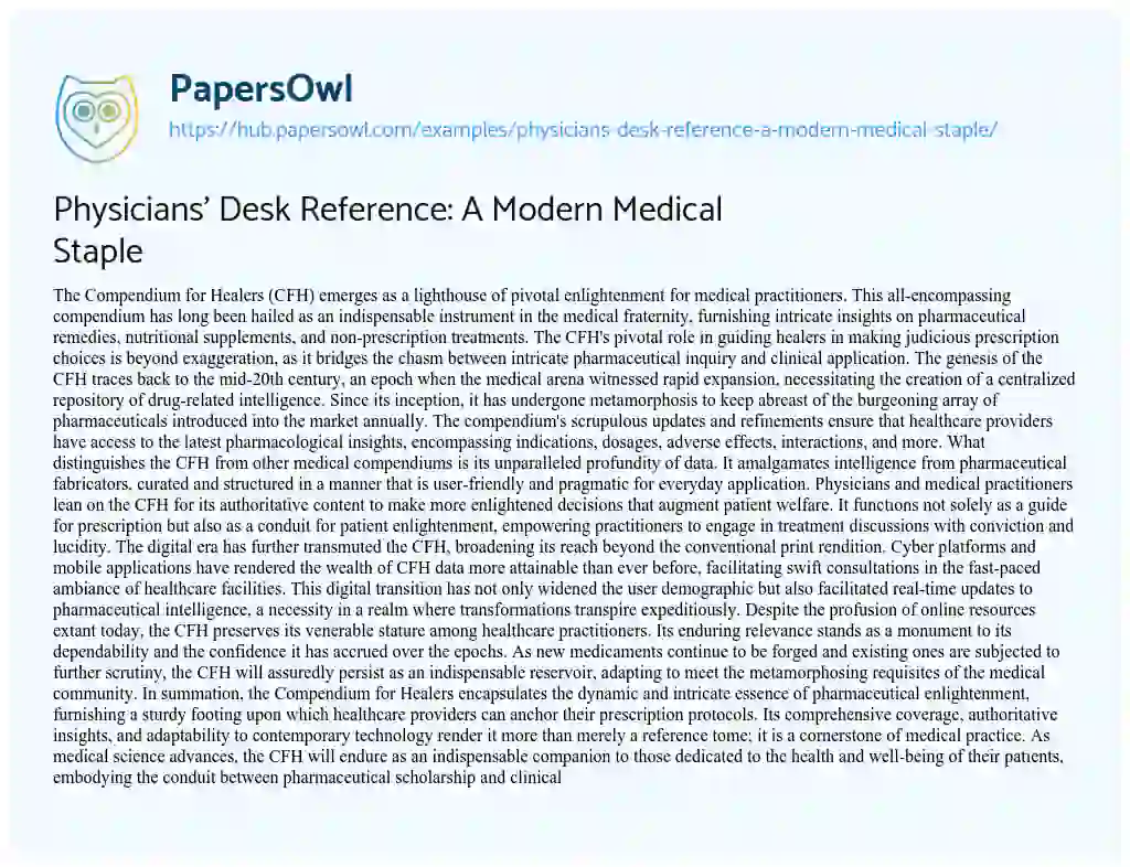 Essay on Physicians’ Desk Reference: A Modern Medical Staple