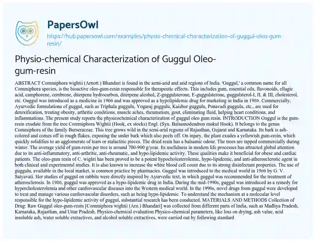 Essay on Physio-chemical Characterization of Guggul Oleo-gum-resin