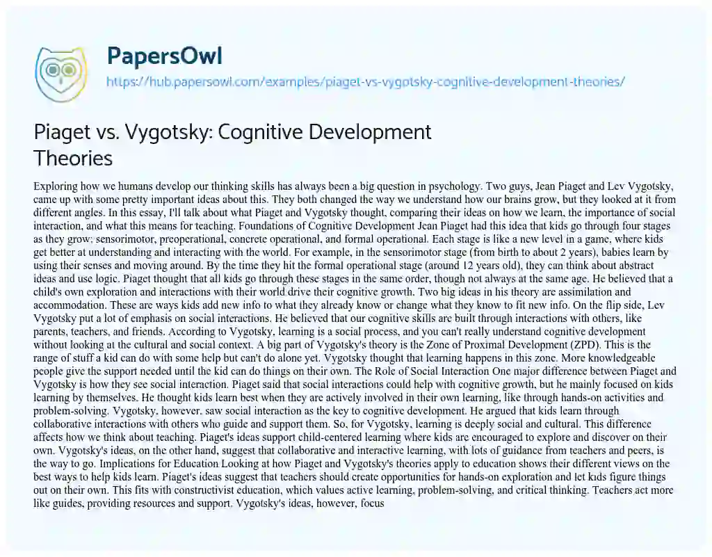 Essay on Piaget vs. Vygotsky: Cognitive Development Theories