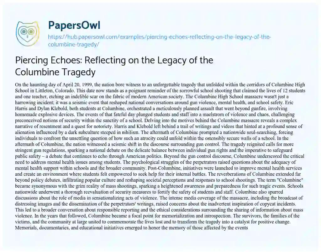 Essay on Piercing Echoes: Reflecting on the Legacy of the Columbine Tragedy