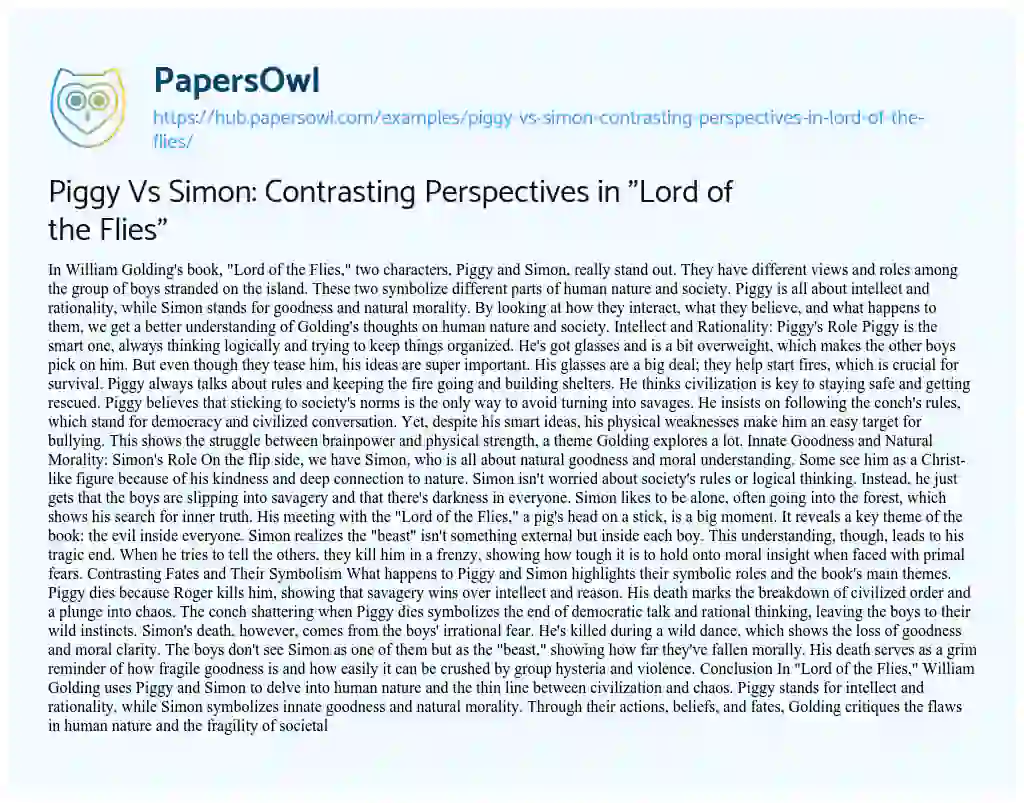 Essay on Piggy Vs Simon: Contrasting Perspectives in “Lord of the Flies”