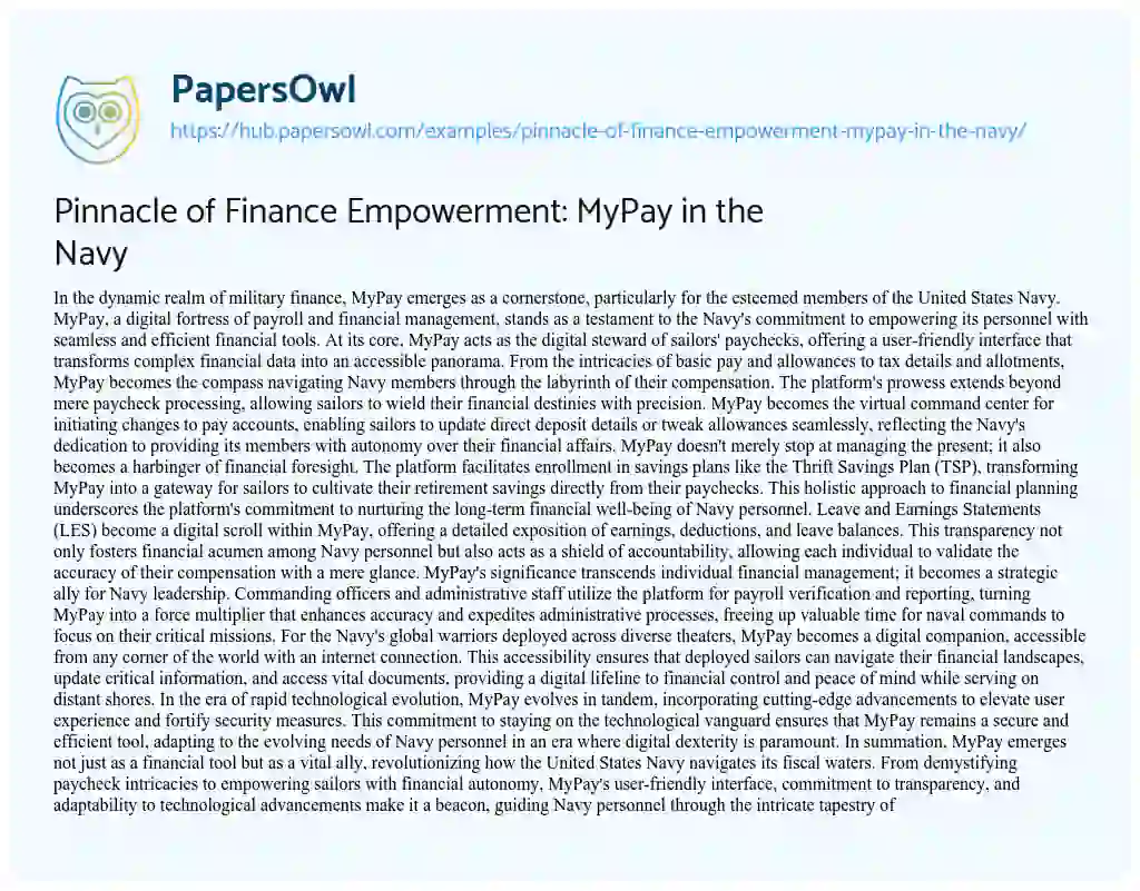 Essay on Pinnacle of Finance Empowerment: MyPay in the Navy