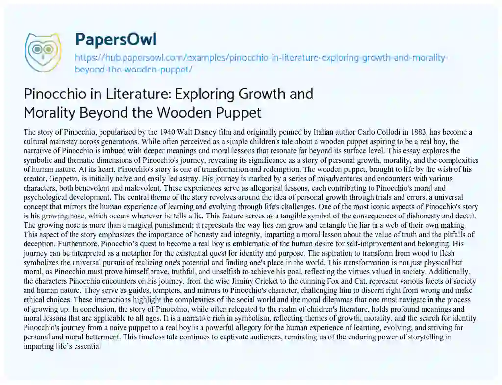 Essay on Pinocchio in Literature: Exploring Growth and Morality Beyond the Wooden Puppet