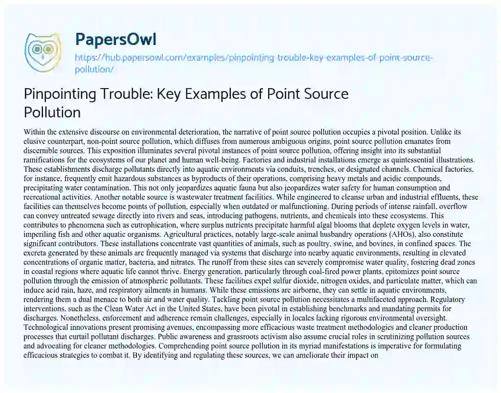 Essay on Pinpointing Trouble: Key Examples of Point Source Pollution