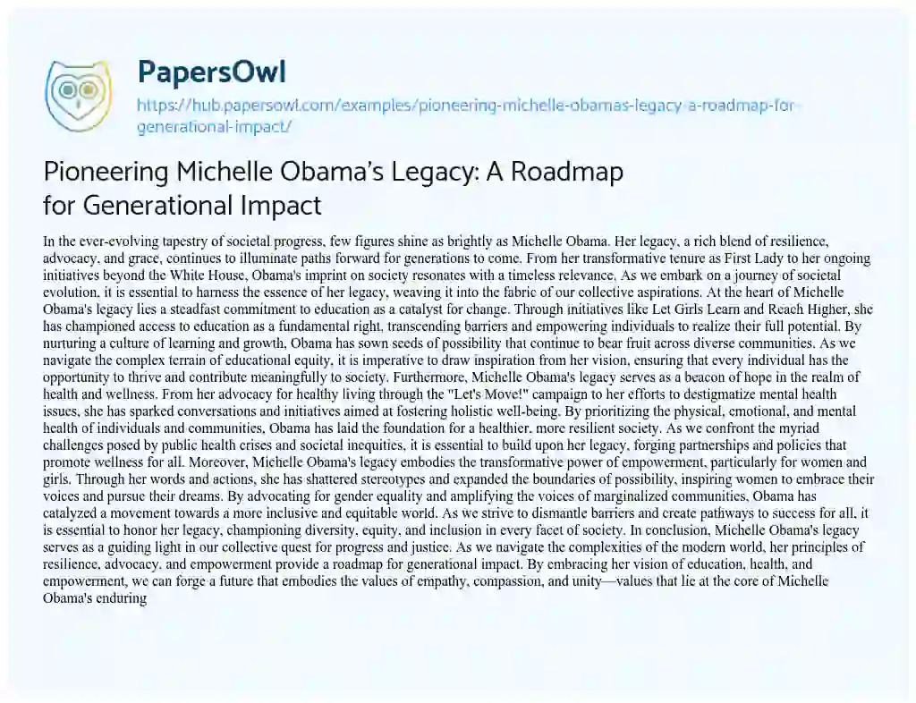 Essay on Pioneering Michelle Obama’s Legacy: A Roadmap for Generational Impact