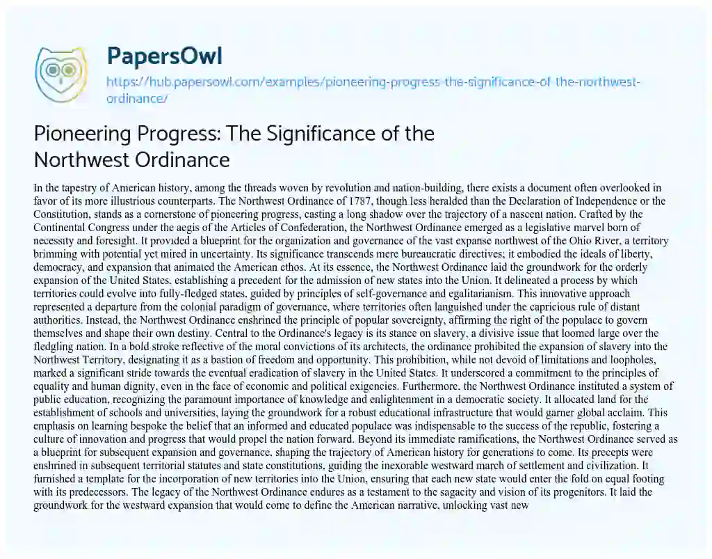 Essay on Pioneering Progress: The Significance of the Northwest Ordinance