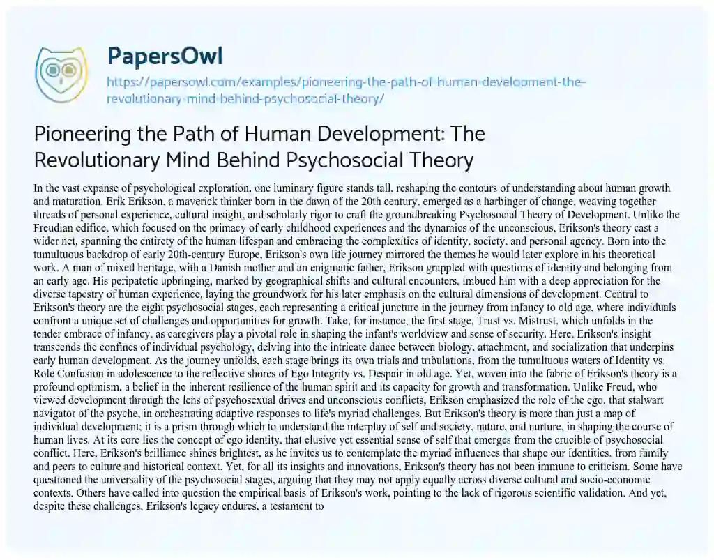 Essay on Pioneering the Path of Human Development: The Revolutionary Mind Behind Psychosocial Theory