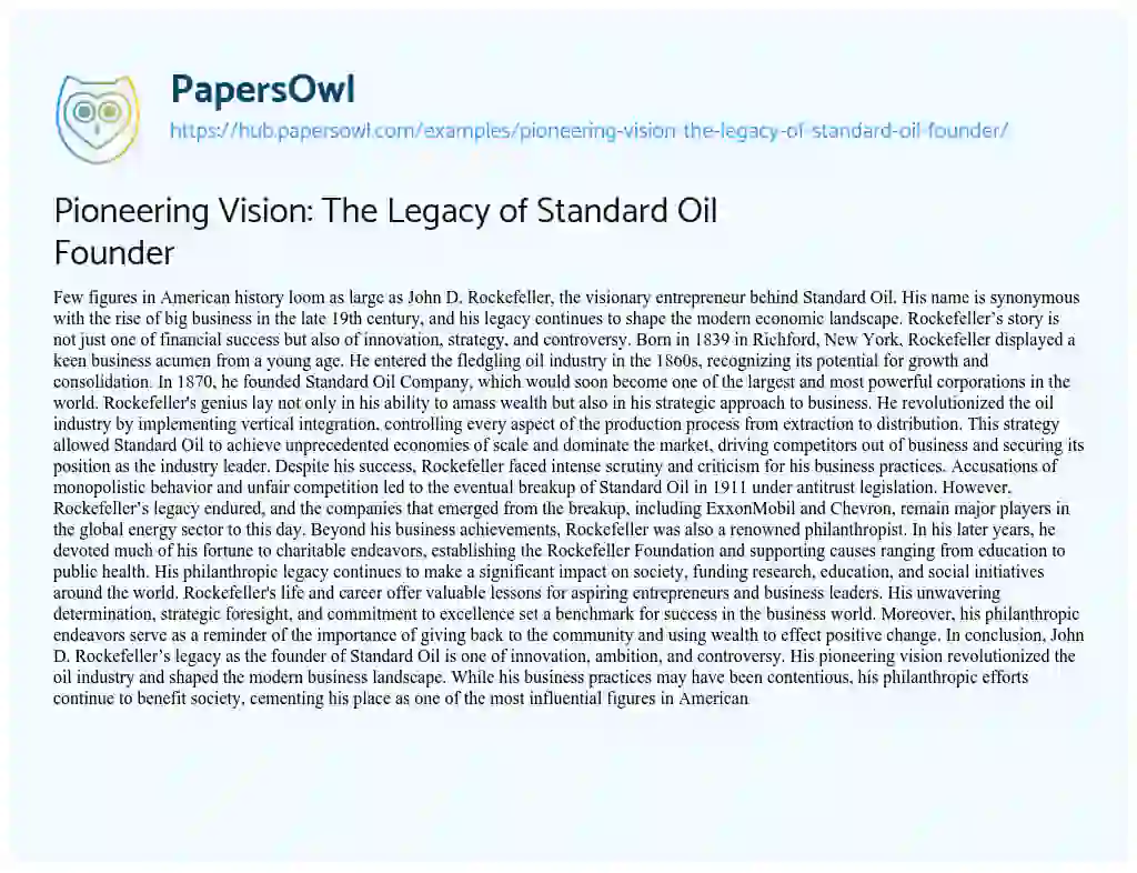 Essay on Pioneering Vision: The Legacy of Standard Oil Founder