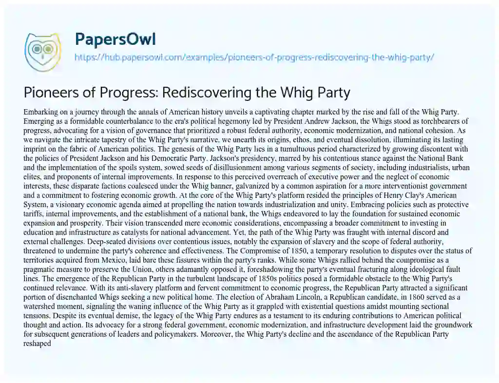 Essay on Pioneers of Progress: Rediscovering the Whig Party