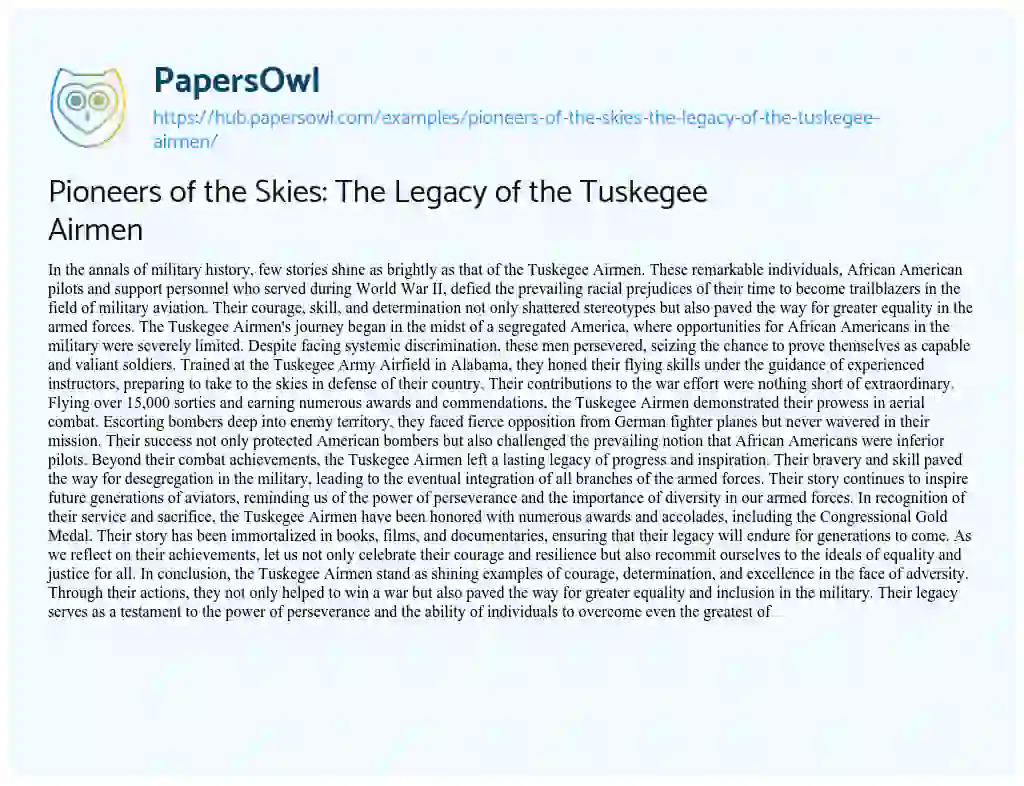 Essay on Pioneers of the Skies: The Legacy of the Tuskegee Airmen
