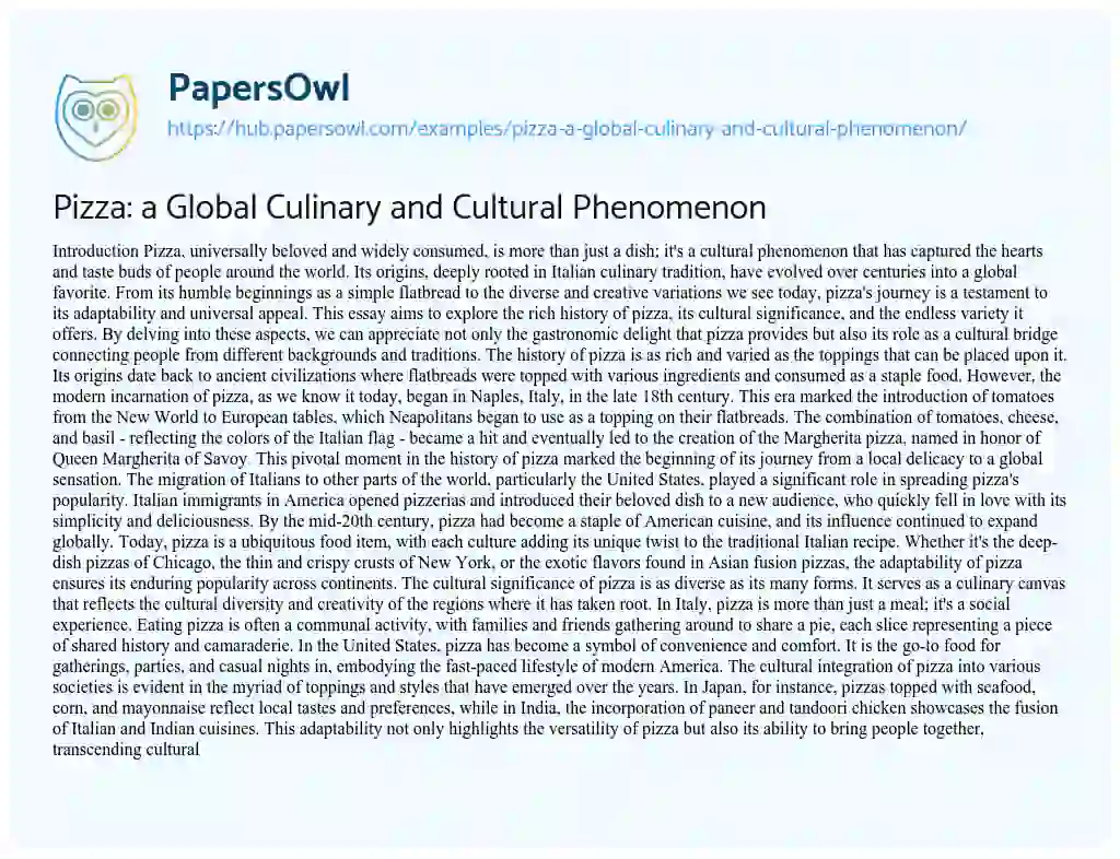 Essay on Pizza: a Global Culinary and Cultural Phenomenon