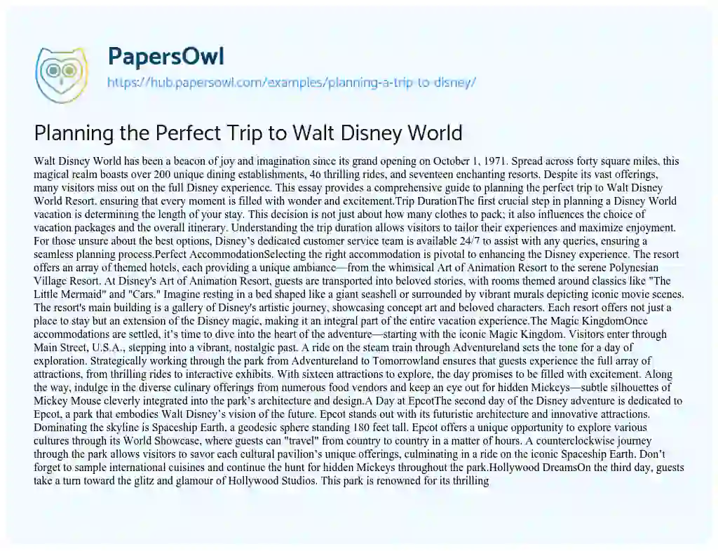 Essay on Planning the Perfect Trip to Walt Disney World
