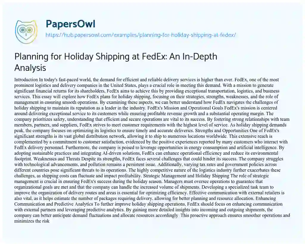 Essay on Planning for Holiday Shipping at FedEx: An In-Depth Analysis