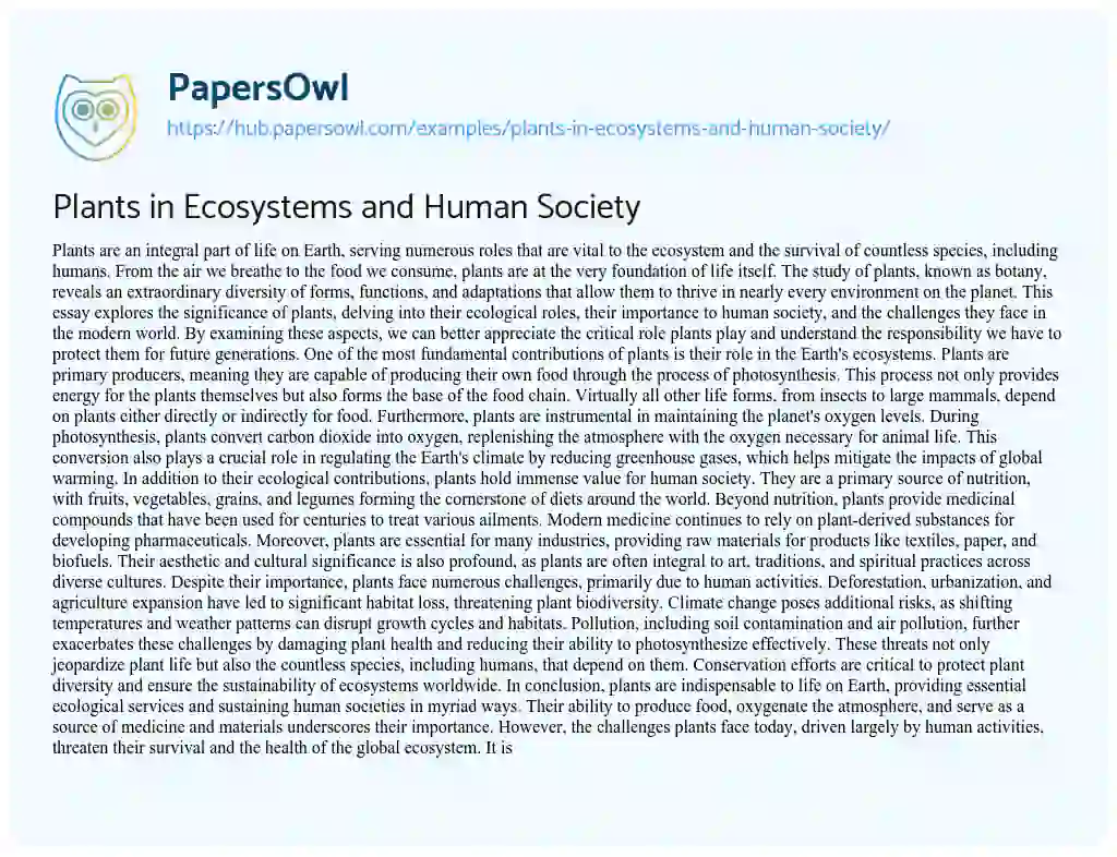 Essay on Plants in Ecosystems and Human Society