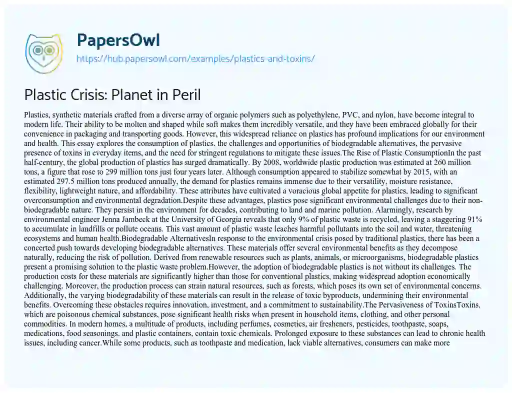 Essay on Plastic Crisis: Planet in Peril