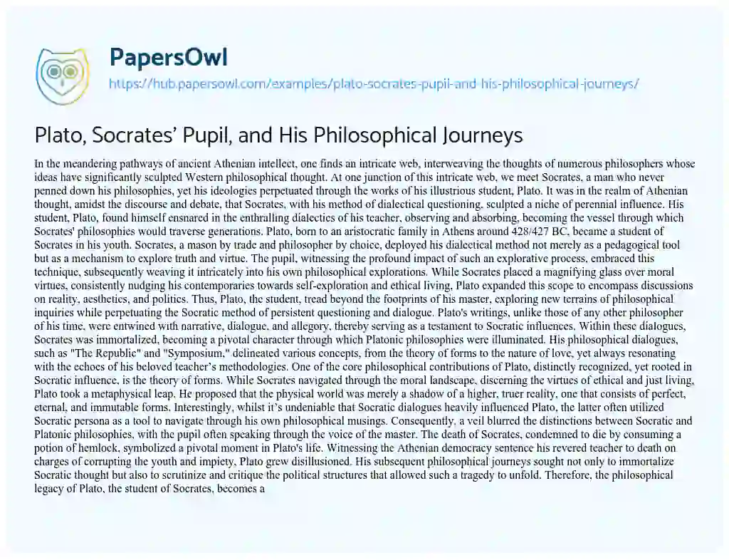 Essay on Plato, Socrates’ Pupil, and His Philosophical Journeys