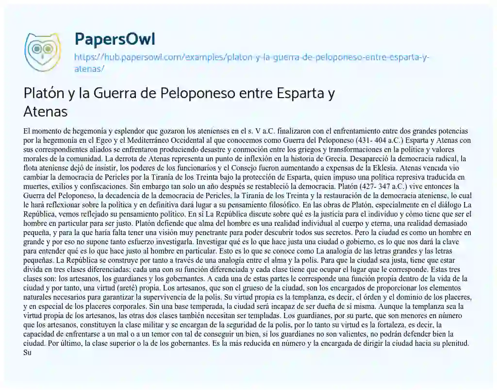 Essay on Platón y la Guerra de Peloponeso entre Esparta y Atenas