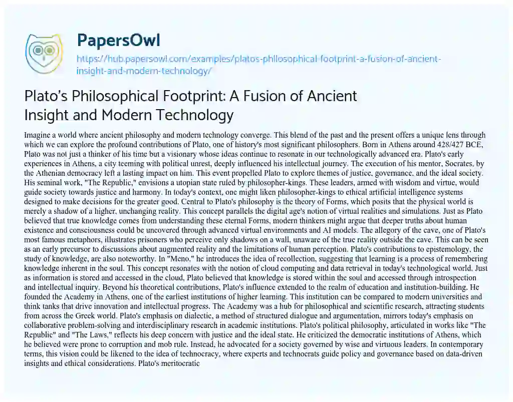 Essay on Plato’s Philosophical Footprint: A Fusion of Ancient Insight and Modern Technology