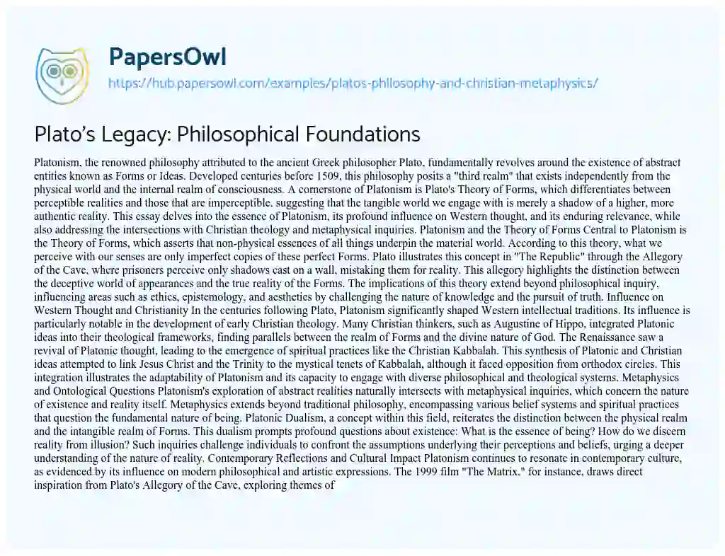 Essay on Plato’s Legacy: Philosophical Foundations