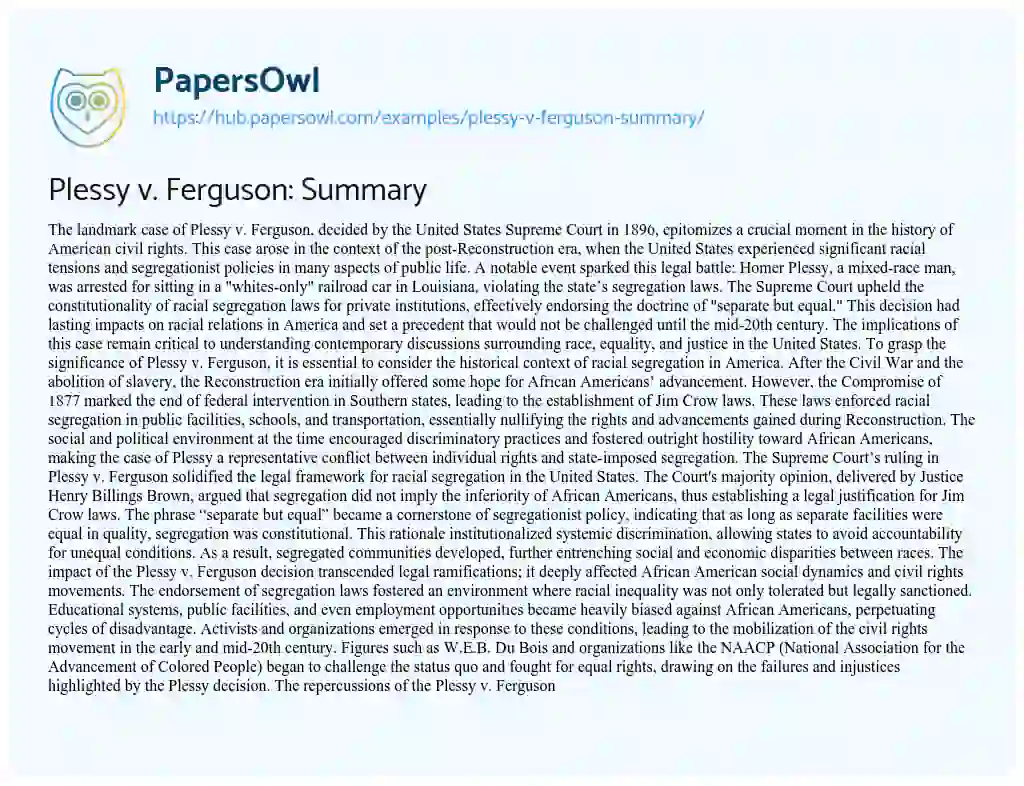 Essay on Plessy v. Ferguson: Summary