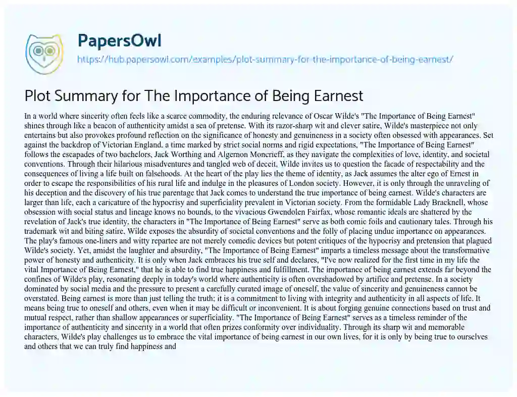 Essay on Plot Summary for The Importance of Being Earnest