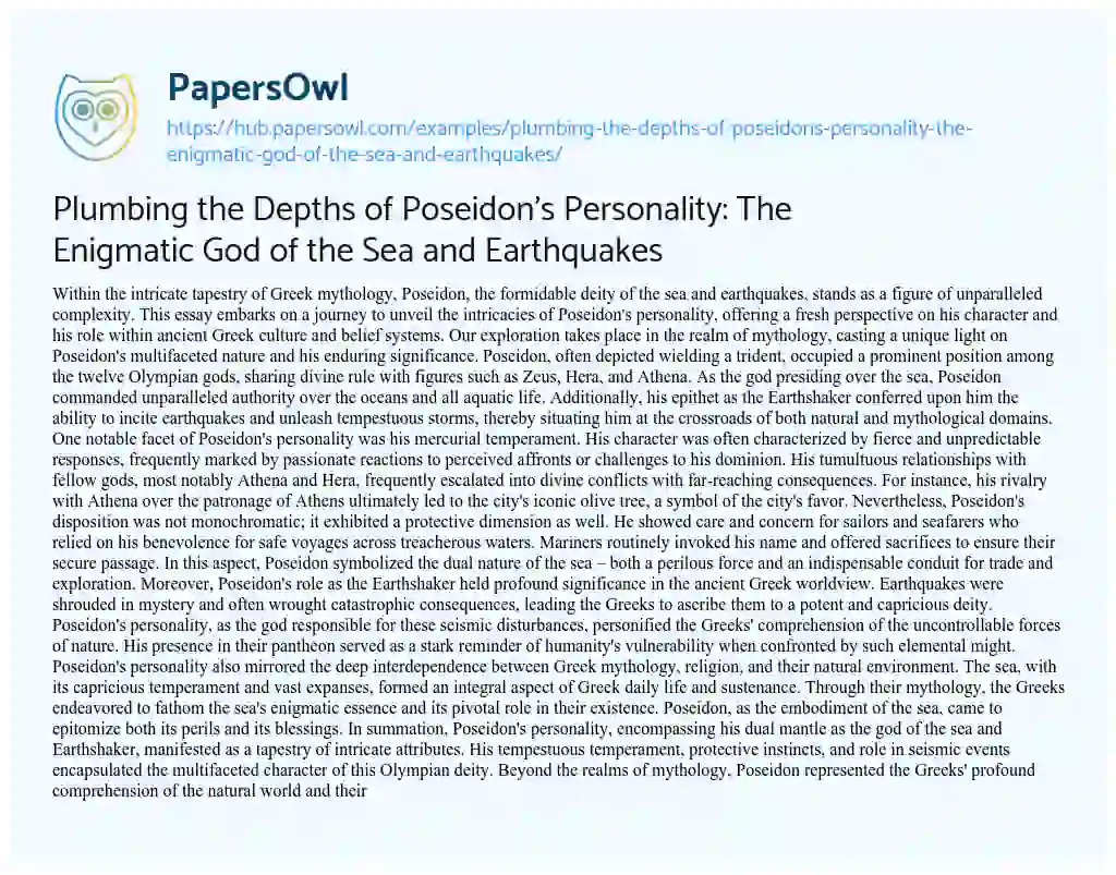 Essay on Plumbing the Depths of Poseidon’s Personality: The Enigmatic God of the Sea and Earthquakes