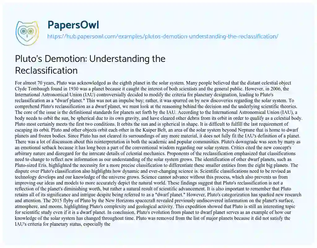 Essay on Pluto’s Demotion: Understanding the Reclassification