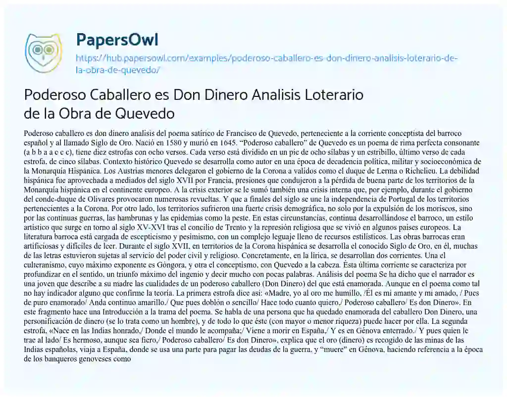 Essay on Poderoso Caballero es Don Dinero Analisis Loterario de la Obra de Quevedo