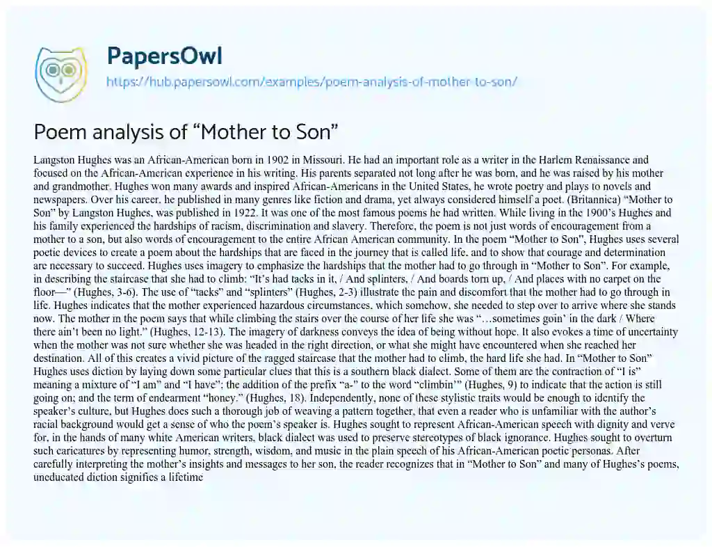 Essay on Poem analysis of “Mother to Son”