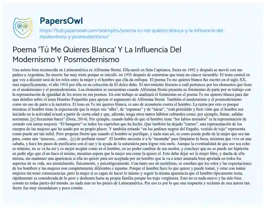 Essay on Poema ‘Tú Me Quieres Blanca’ Y La Influencia Del Modernismo Y Posmodernismo