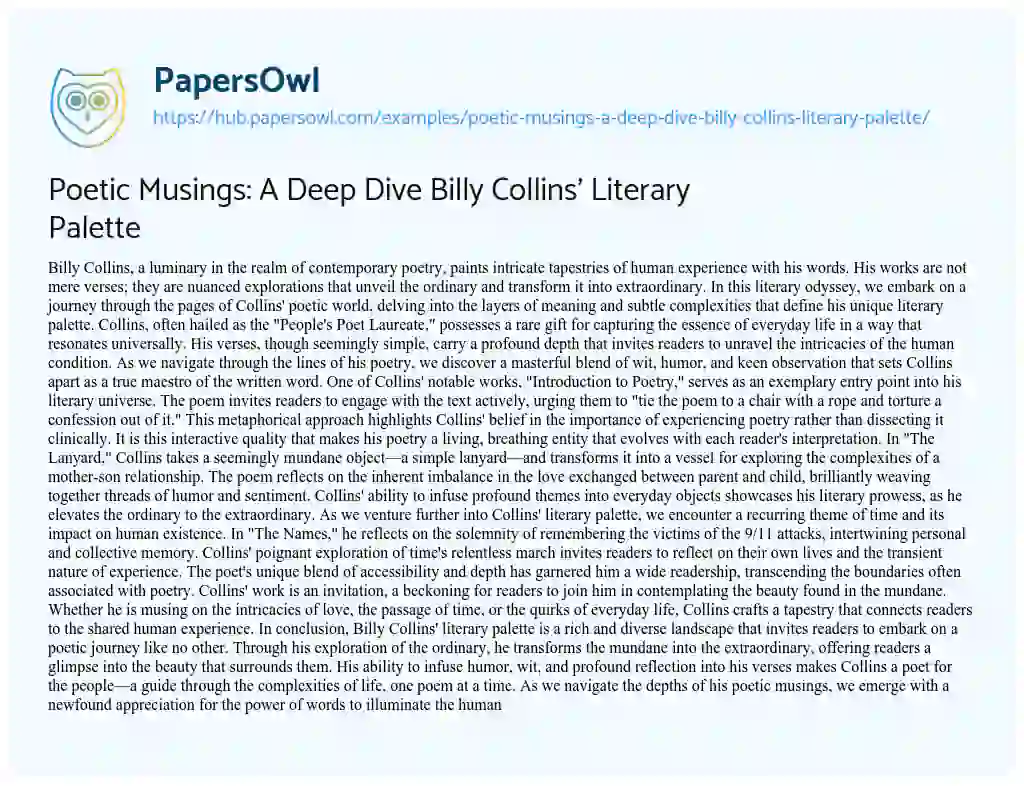 Essay on Poetic Musings: A Deep Dive Billy Collins’ Literary Palette
