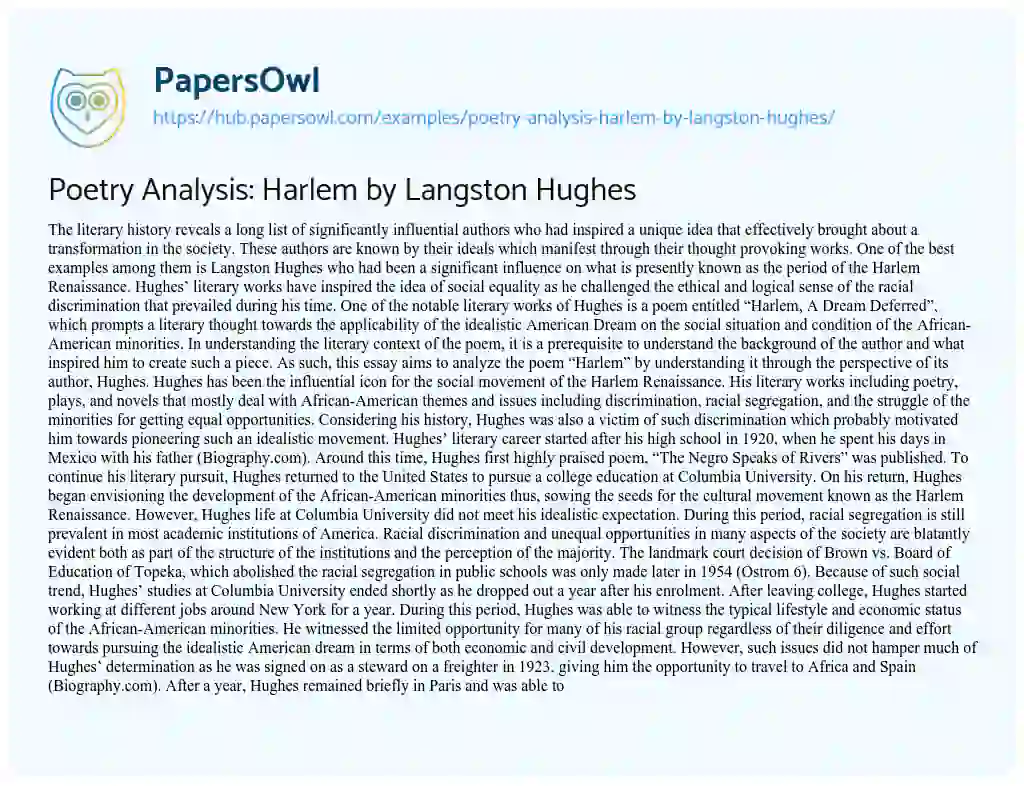 Essay on Poetry Analysis: Harlem by Langston Hughes