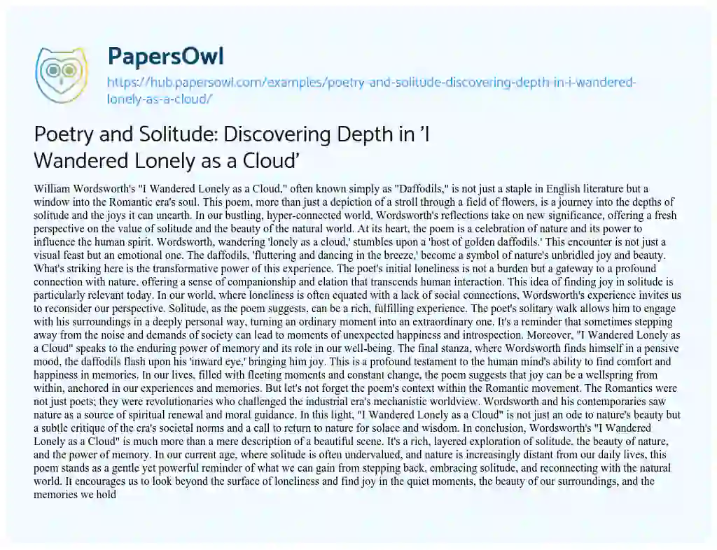 Essay on Poetry and Solitude: Discovering Depth in ‘I Wandered Lonely as a Cloud’