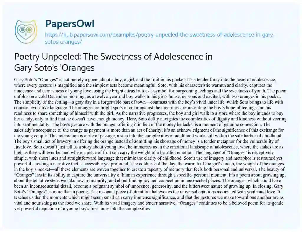 Essay on Poetry Unpeeled: The Sweetness of Adolescence in Gary Soto’s ‘Oranges