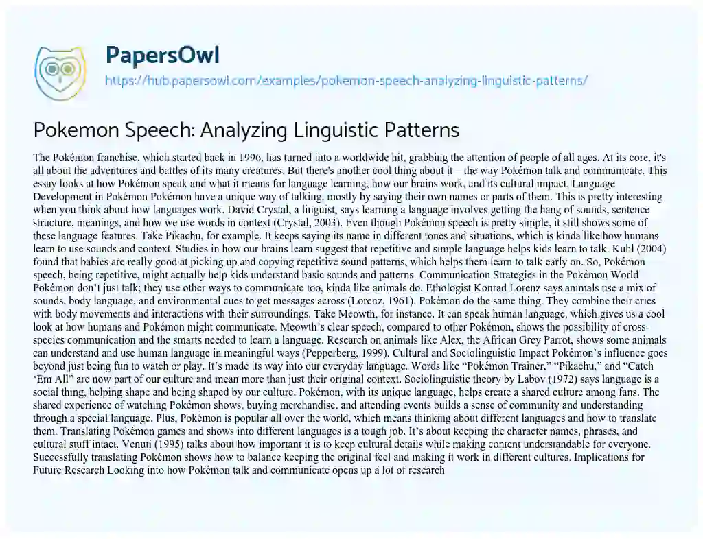 Essay on Pokemon Speech: Analyzing Linguistic Patterns