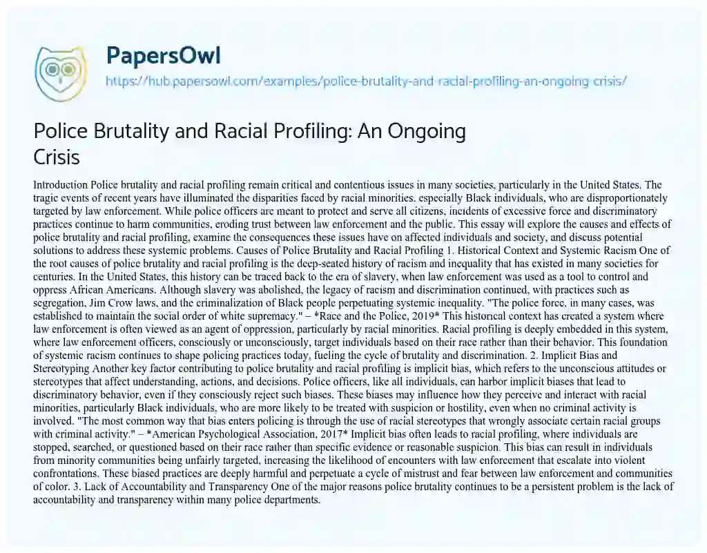 Essay on Police Brutality and Racial Profiling: An Ongoing Crisis