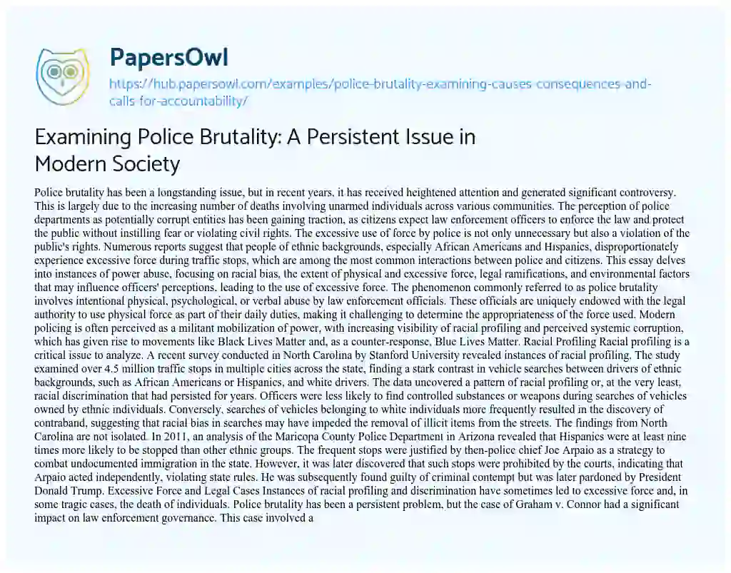 Essay on Examining Police Brutality: A Persistent Issue in Modern Society